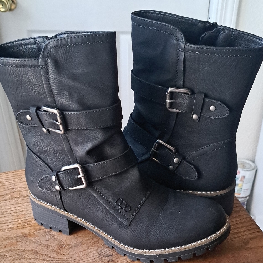 Global Win Black Combat Moto Boots with Buckle Straps